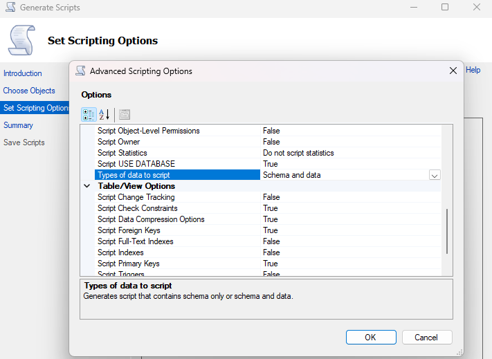 SSMS Advanced Scripting Options Window